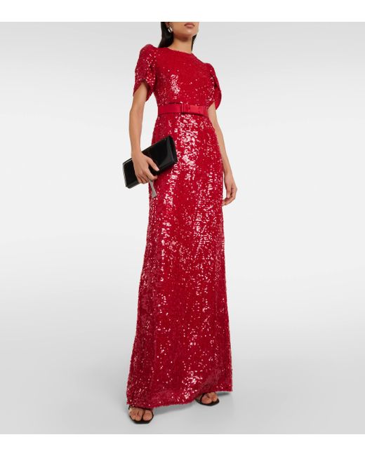 Erdem Red Sequin-embellished Puffed-shoulders Woven Maxi Dress