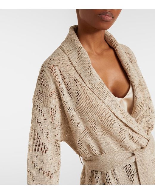 Brunello Cucinelli Natural Open-Knit Linen And Cotton Wrap Cardigan