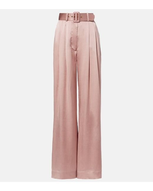 Zimmermann Pink Belted Pleated Silk Satin Wide-Leg Pants