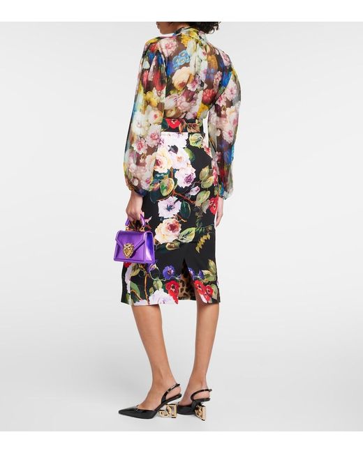 Dolce & Gabbana Multicolor Charmeuse Calf-Length Skirt With Rose Garden