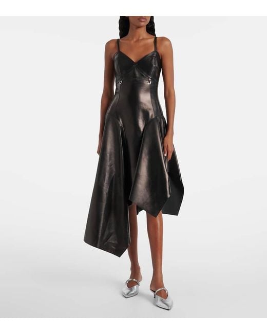 Alexander McQueen Black Asymmetric Leather Midi Dress