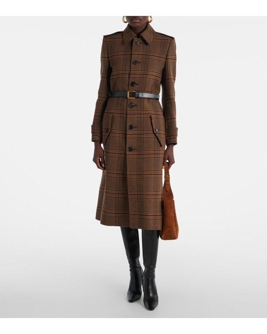 Saint Laurent Brown Belted Prince Of Wales Wool Coat