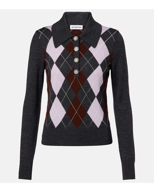 Self-Portrait Black Argyle Wool Polo Sweater