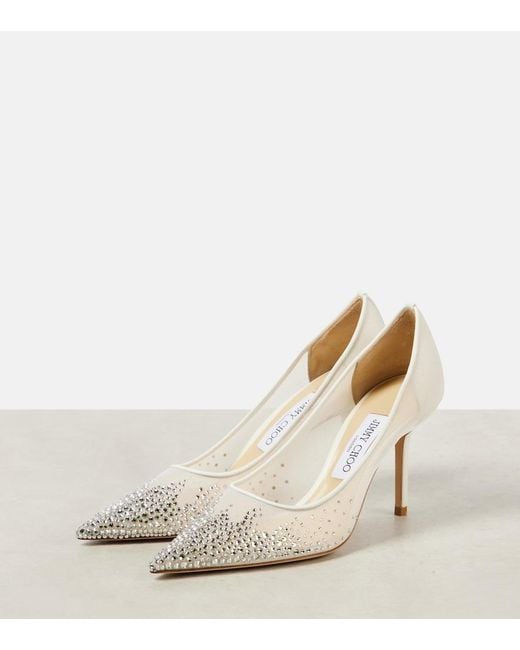 Jimmy Choo White Love 85 Crystal-Embellished Mesh Pumps