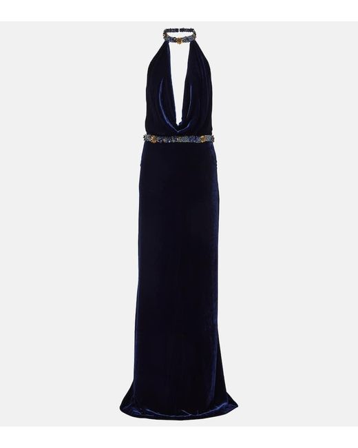 Costarellos Women's Blue Crystal-Embellished Velvet Gown