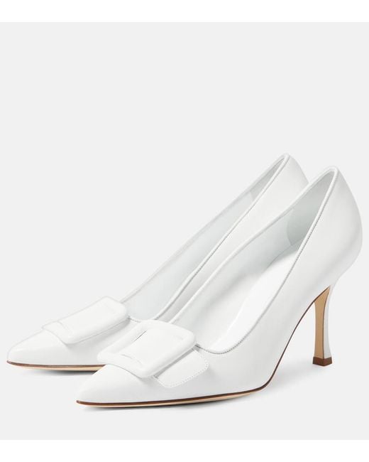 Manolo Blahnik White Maysale 70 Suede Pumps