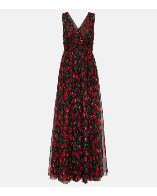 Dolce & Gabbana Red Cherry Silk Chiffon Gown