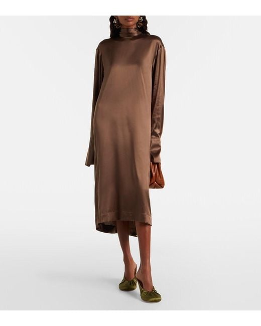 Dries Van Noten Brown Turtleneck Silk-Blend Satin Midi Dress