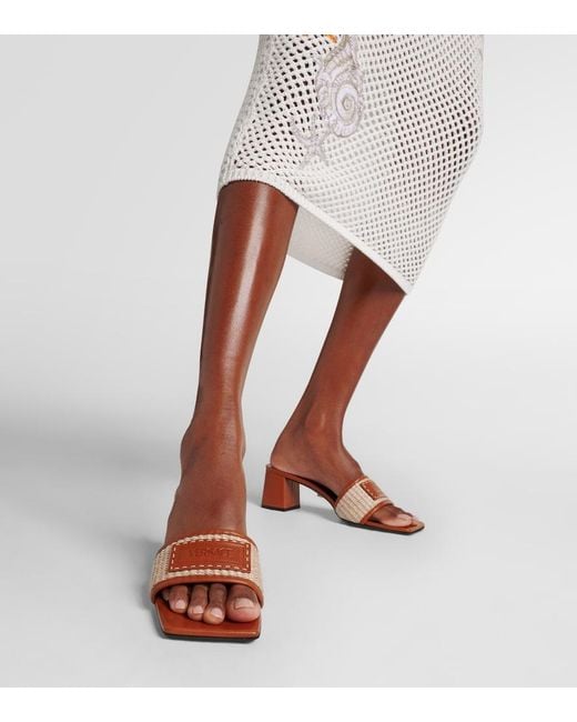 Versace Brown Theia Barocco Leather-Trimmed Raffia Mules