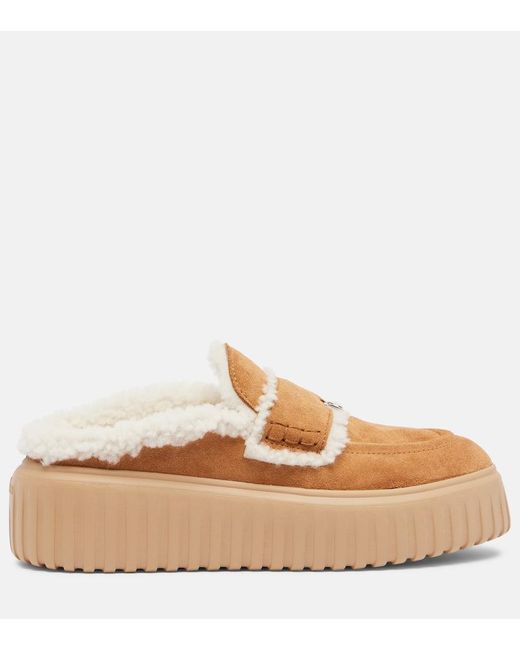 Hogan Brown Shearling-Trimmed Suede Slippers