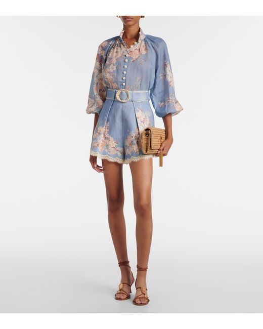 Zimmermann Blue Floral-Print Belted Shorts