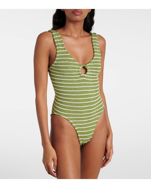 Hunza G Green Celine Striped Ring-detail Swimsuit