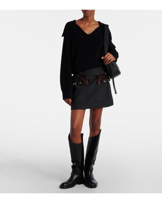 Plan C Black Sequined Wool-Blend Miniskirt