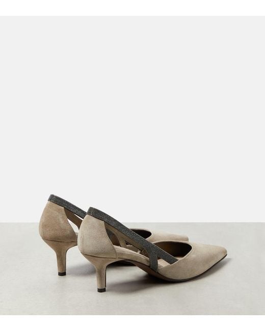 Brunello Cucinelli Natural Embellished Suede Slingback Pumps
