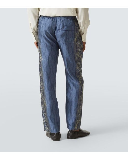 Etro Blue Slim-Fit Straight-Leg Printed Silk-Twill Trousers for men