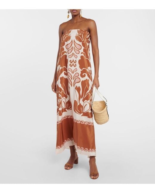 Adriana Degreas Brown Printed Strapless Silk Maxi Dress