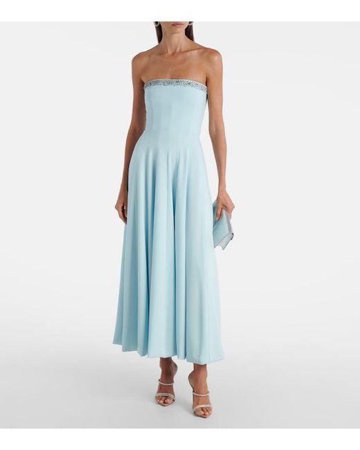 Costarellos Blue Aldina Strapless Pleated Crystal-Embellished Crepe Midi Dress