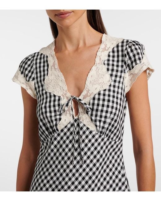 Rixo Gray Amari Lace-Trimmed Checked Midi Dress