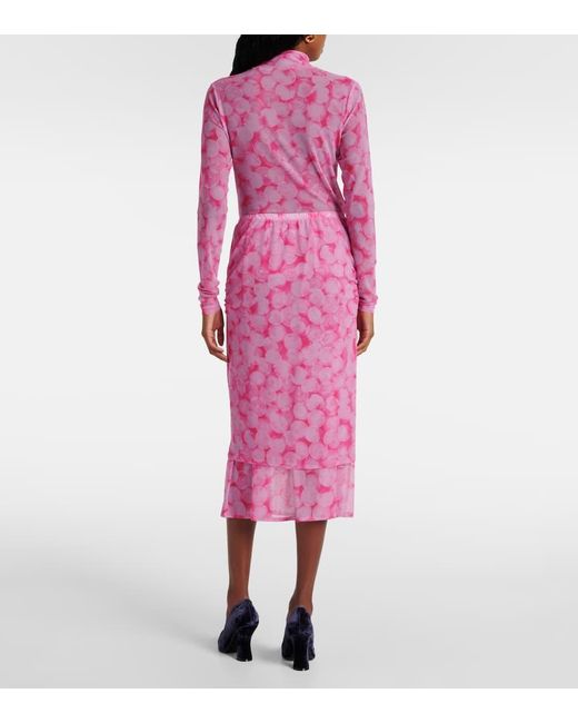 Dries Van Noten Pink Printed Gathered Jersey Midi Skirt