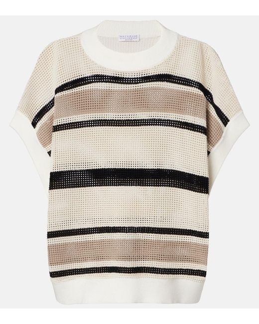 Brunello Cucinelli Natural Open-Knit Striped Cotton Top