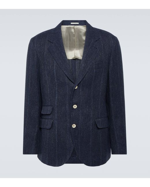 Brunello Cucinelli Blue Striped Linen, Silk And Wool Blazer for men