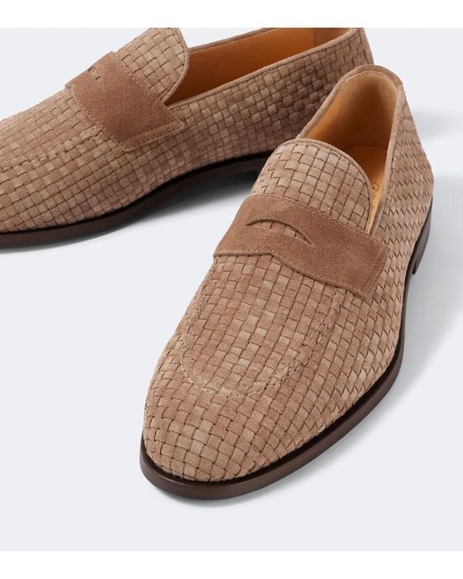 Brunello Cucinelli Brown Woven Suede Penny Loafers for men