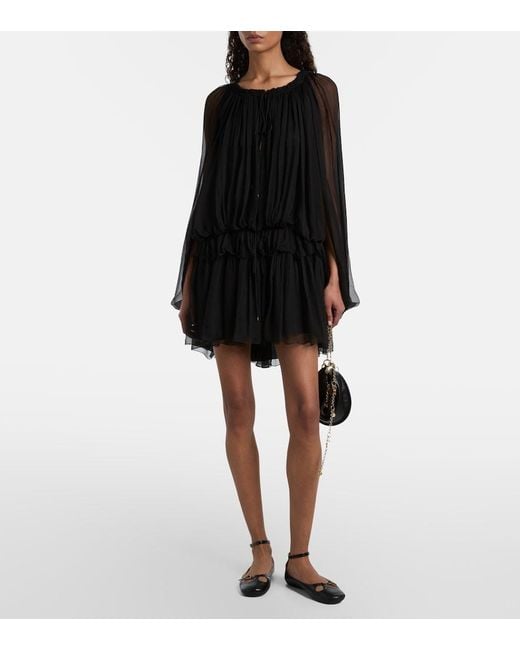 Chloé Black Ruffled Draped Silk Minidress