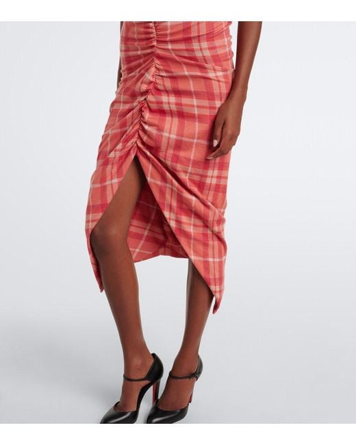 Vivienne Westwood Red Pulling Checked Ruched Cotton Midi Dress