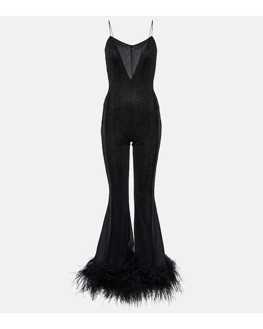 Oseree Black Feather-Trimmed Jumpsuit