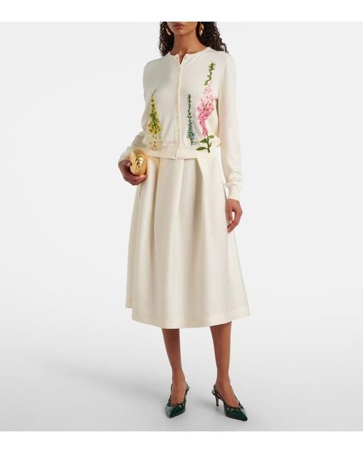 Oscar de la Renta White Foxgloves Embroidered Virgin Wool Cardigan