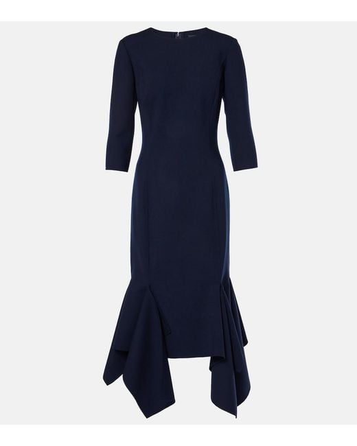 Oscar de la Renta Blue Pleated Wool-Blend Midi Dress