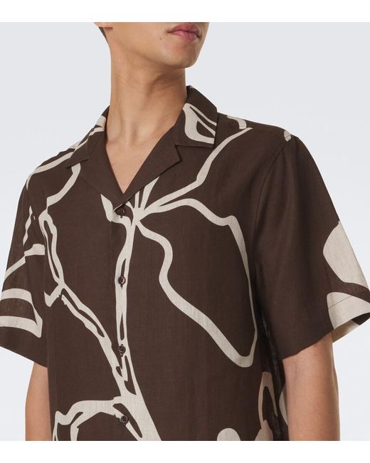 Frescobol Carioca Brown Printed Linen Bowling Shirt for men