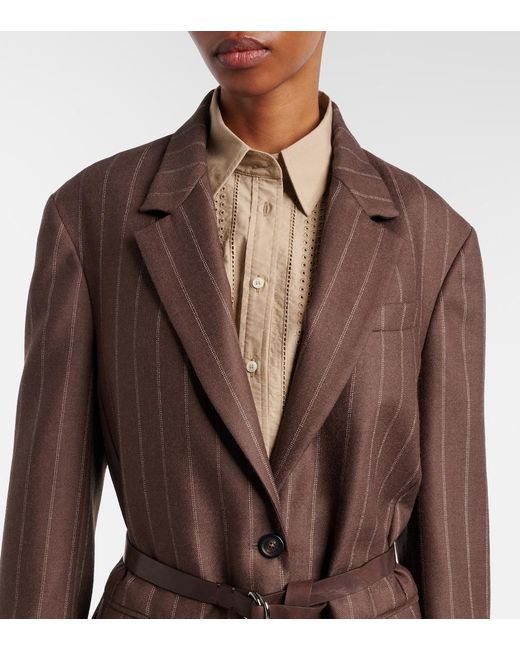 Brunello Cucinelli Brown Belted Pinstriped Virgin Wool Blazer