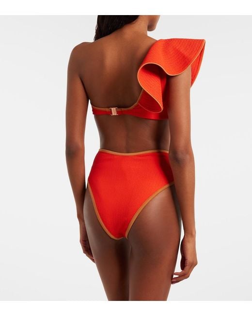 Johanna Ortiz Red One-Shoulder Ruffled Bikini Top