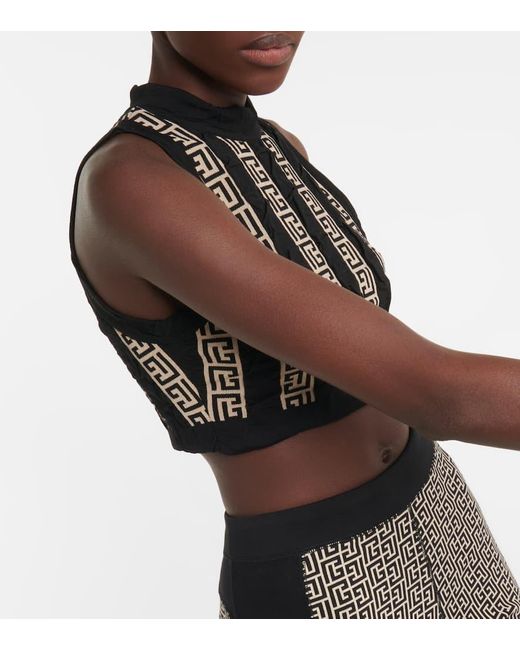Crop Top En Mezcla De Lana Con Monograma Balmain de color Black