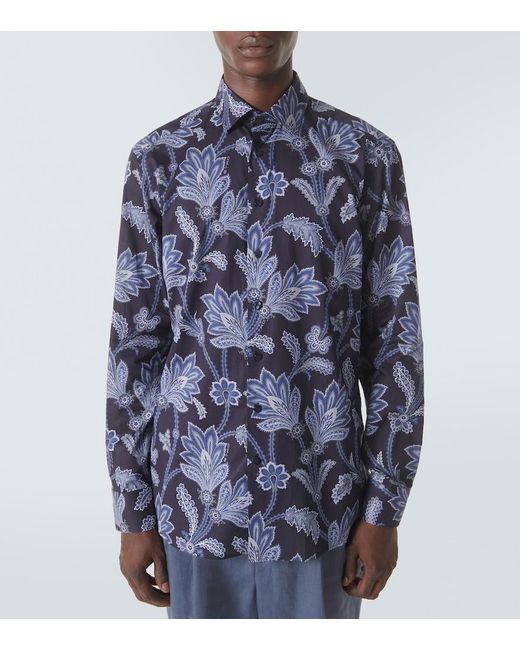 Etro Blue Cotton Shirt With Floral Print for men