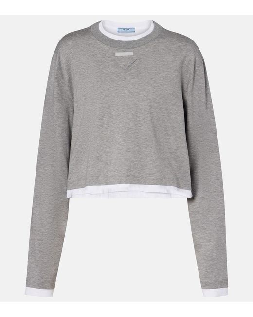 Prada Gray Langarm-T-Shirt Aus Baumwoll-Jersey