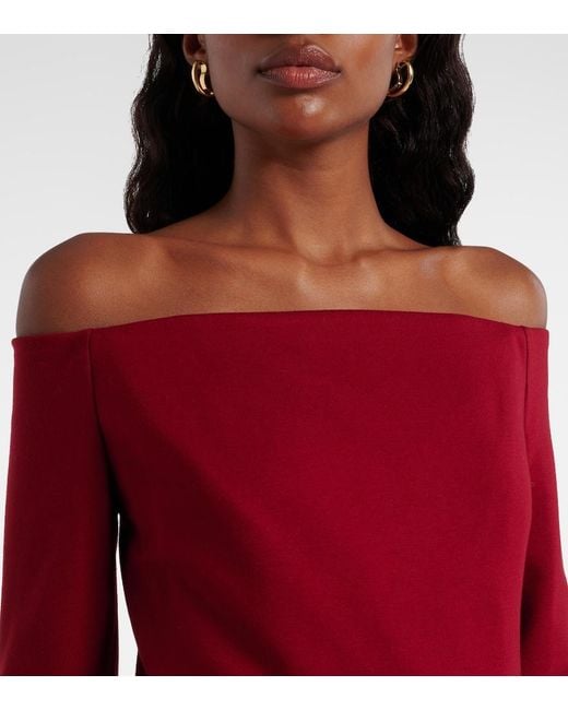 Elie Saab Red Belted Off-Shoulder Jersey Gown