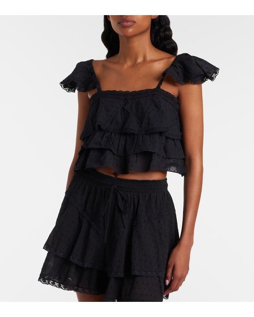 Poupette Black Anya Ruffled Cotton Crop Top