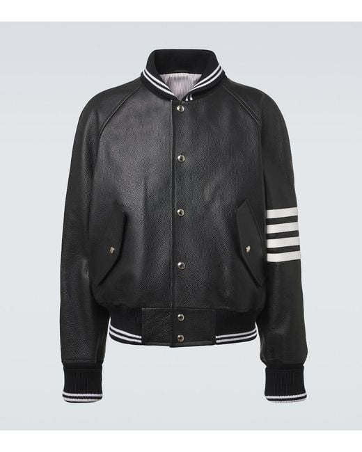 Thom Browne Black 4-Bar Leather Bomber Jacket for men