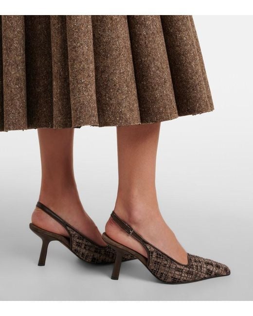 Brunello Cucinelli Brown Beaded Checked Leather-Trimmed Slingback Pumps