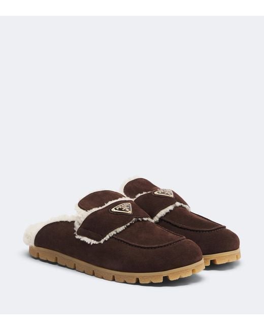 Prada Brown Shearling-Lined Suede Mules