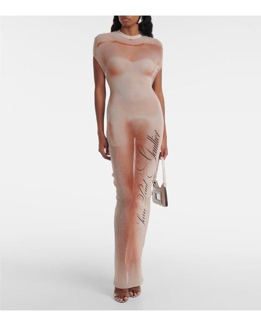 Jean Paul Gaultier Pink Bedrucktes Maxikleid Le Classique Aus Mesh
