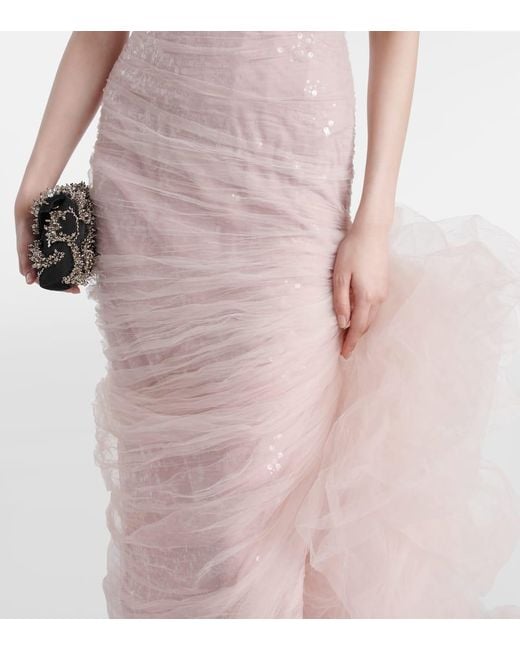 Marmar Halim Pink Sequined Ruffled Tulle Gown