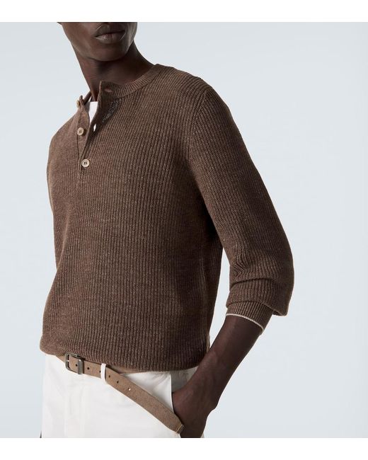 Brunello Cucinelli Brown Ribbed-Knit Linen And Cotton Polo Sweater for men