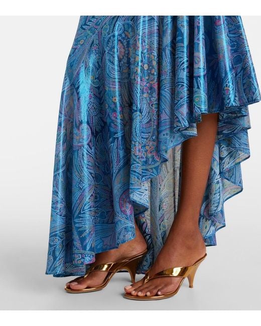 Etro Blue Paisley Asymmetric Ruffled Midi Dress