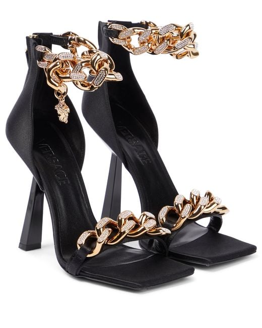Versace Embellished Satin Sandals in Black | Lyst