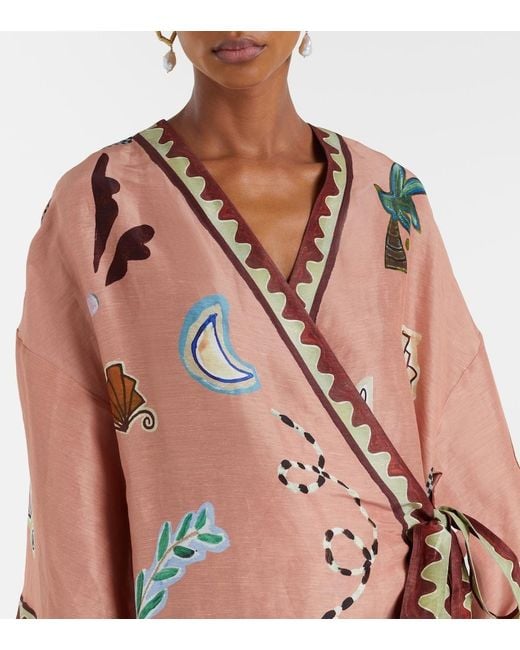 ALÉMAIS Pink Linen And Silk-Blend Wrap Midi Dress