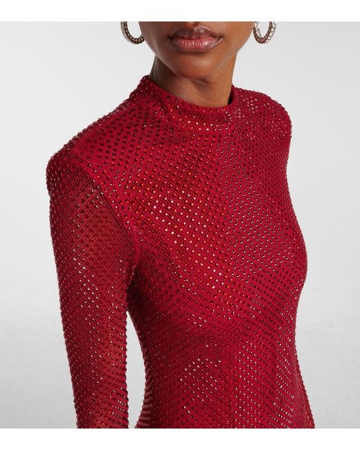 Self-Portrait Red Embellished Fishnet Midi Dress