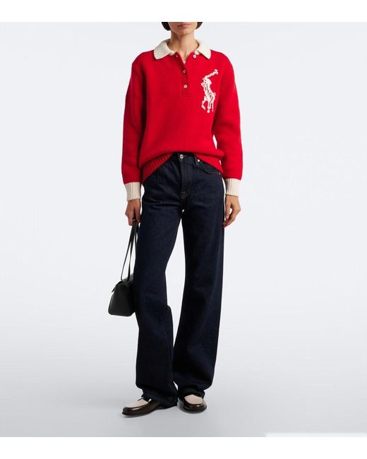 Polo Ralph Lauren Red Big Pony Intarsia Wool Polo Sweater